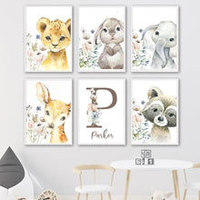 Load image into Gallery viewer, personalized poster baby name custom canvas Painting Print Lion Elephant Raccoon Rabbit Wall Art Decoration Kids Bedroom Picture
