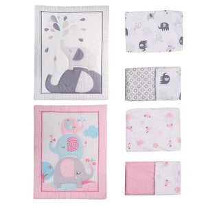 3Pcs Cotton Crib Bed Linen Kit For Boy Girl Baby Bedding Set Includes Bed Quilt/bed Cover/bed Skirt Cute Cartoon Elephant Print