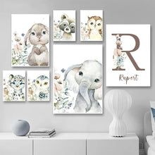 Load image into Gallery viewer, personalized poster baby name custom canvas Painting Print Lion Elephant Raccoon Rabbit Wall Art Decoration Kids Bedroom Picture
