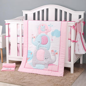 3Pcs Cotton Crib Bed Linen Kit For Boy Girl Baby Bedding Set Includes Bed Quilt/bed Cover/bed Skirt Cute Cartoon Elephant Print